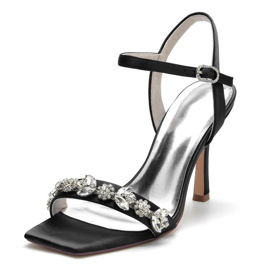 Damen Seidensatin mit Strass Peep Toe Knöchelriemen Stilettoabsatz Abendschuhe