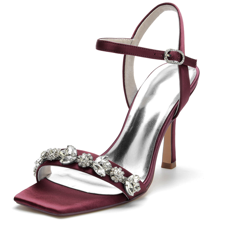 Damen Seidensatin mit Strass Peep Toe Knöchelriemen Stilettoabsatz Abendschuhe