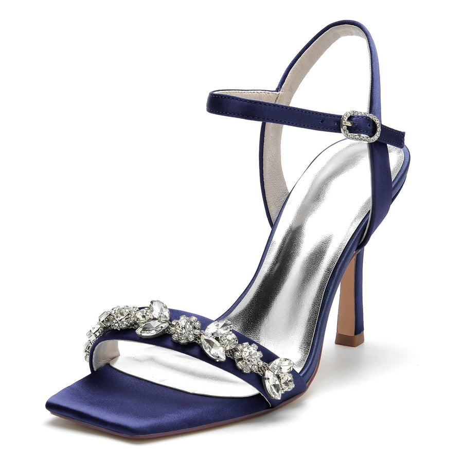 Damen Seidensatin mit Strass Peep Toe Knöchelriemen Stilettoabsatz Abendschuhe
