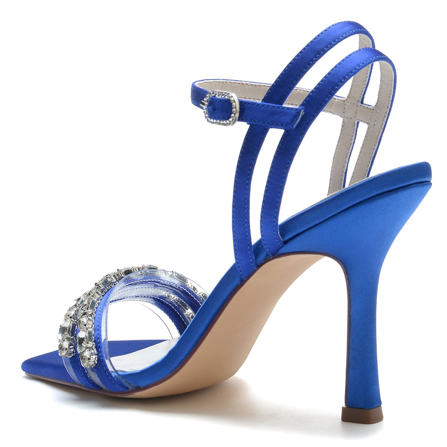Damen Seidensatin Knöchelriemen mit Strass Peep Toe Stiletto Absatz Party Schuhe