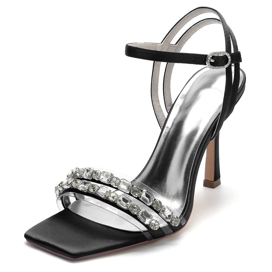 Damen Seidensatin Knöchelriemen mit Strass Peep Toe Stiletto Absatz Party Schuhe