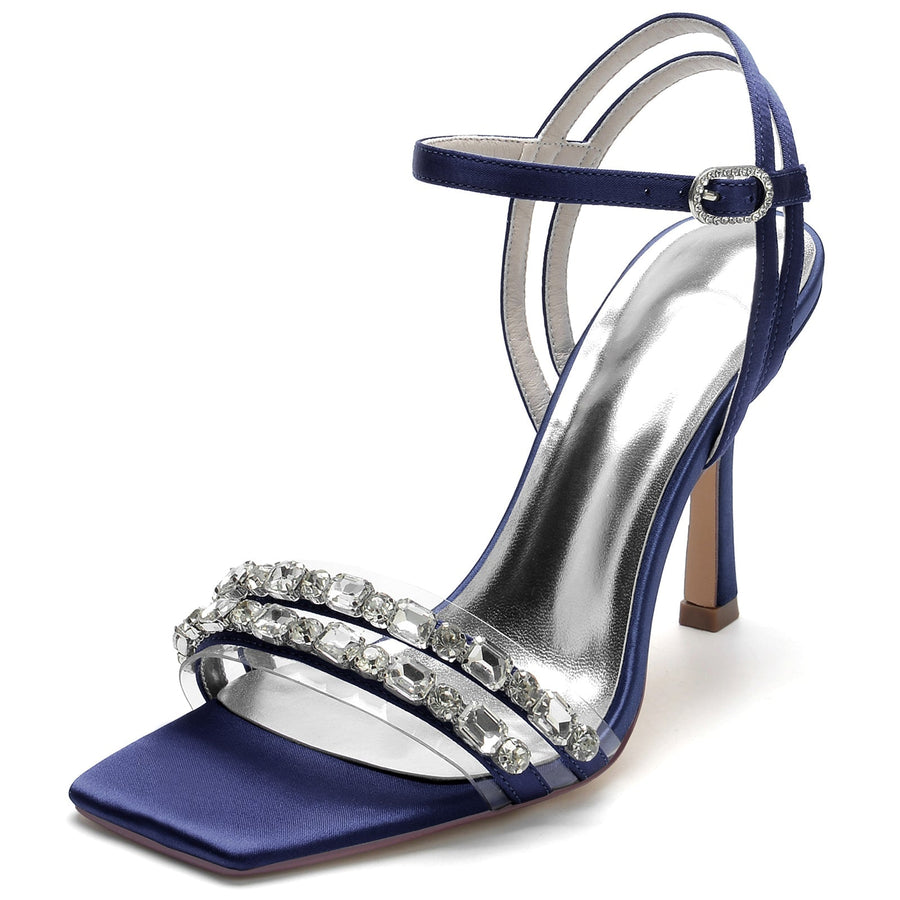 Damen Seidensatin Knöchelriemen mit Strass Peep Toe Stiletto Absatz Party Schuhe