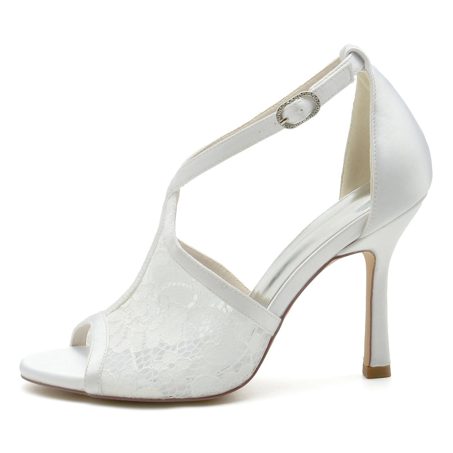 Damen Abendschuhe mit Spitze und Knöchelriemen, Peep-Toe, Stiletto-Absatz
