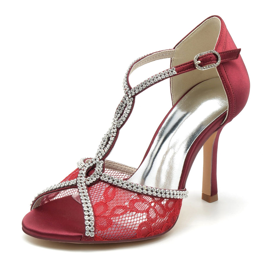 Damen Abendschuhe aus synthetischem Netzstoff mit Knöchelriemen, Spitze, Strass, Peep-Toe, Stiletto-Absatz