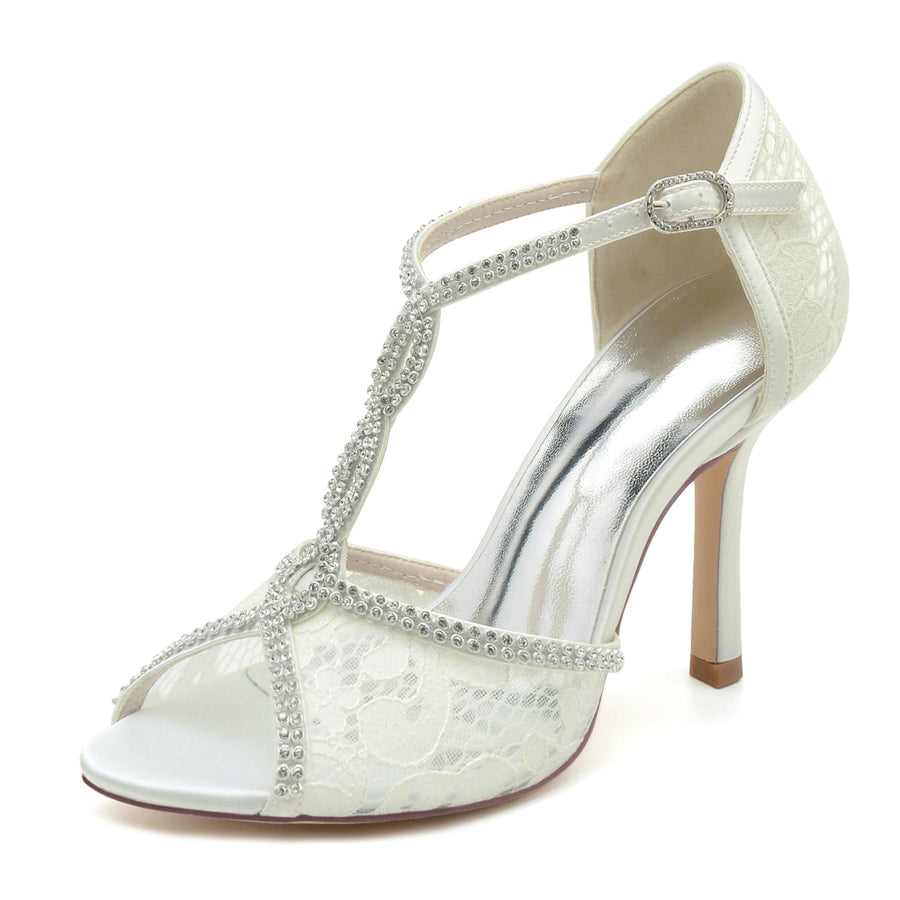 Damen Abendschuhe aus synthetischem Netzstoff mit Knöchelriemen, Spitze, Strass, Peep-Toe, Stiletto-Absatz