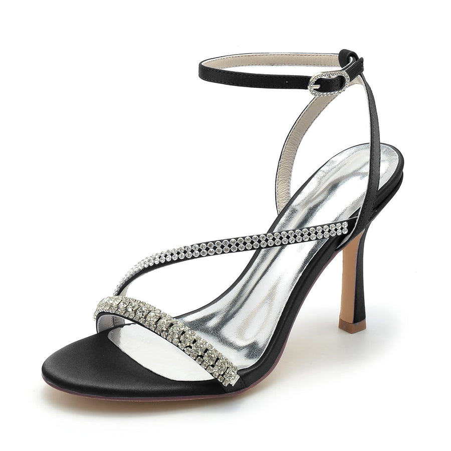 Damen Seidensatin Knöchelriemen mit Strass Peep Toe Stiletto Absatz Abendschuhe