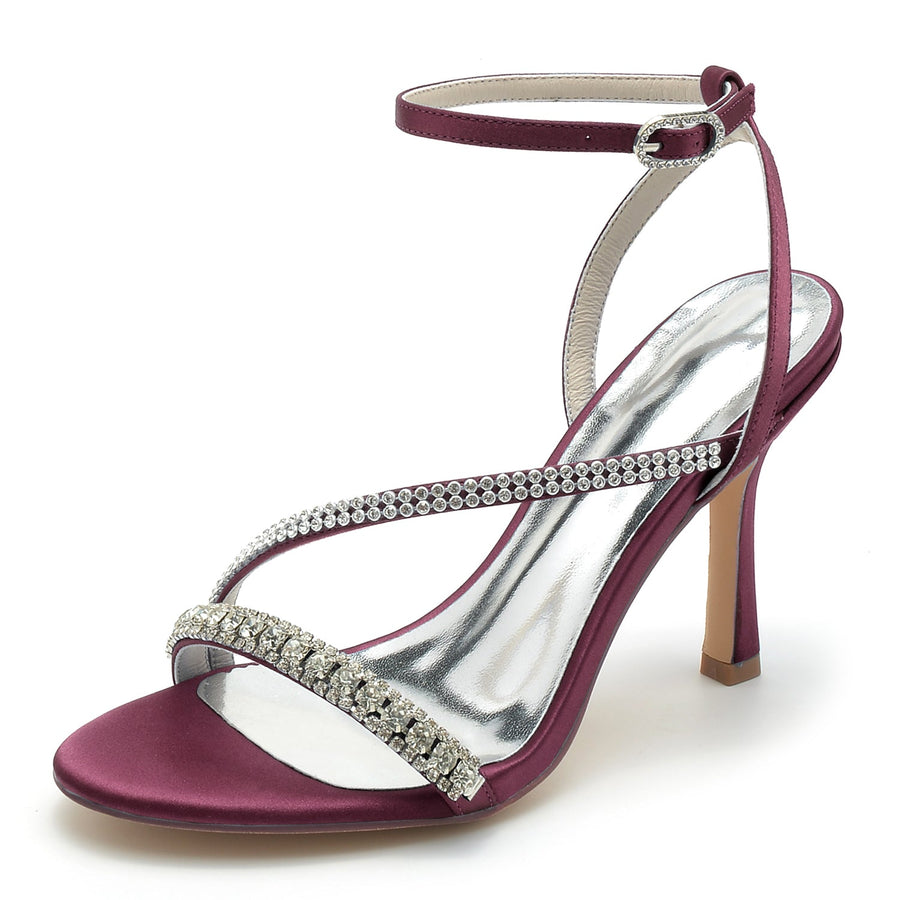 Damen Seidensatin Knöchelriemen mit Strass Peep Toe Stiletto Absatz Abendschuhe