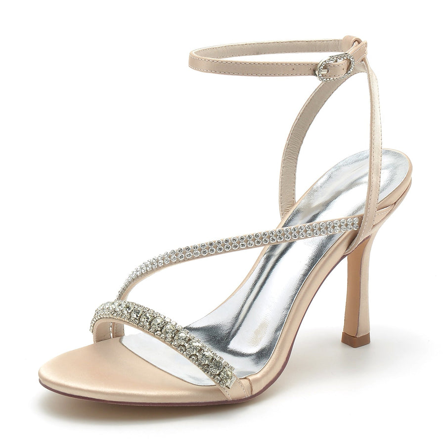 Damen Seidensatin Knöchelriemen mit Strass Peep Toe Stiletto Absatz Abendschuhe