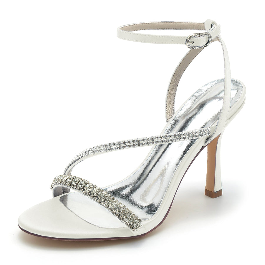 Damen Seidensatin Knöchelriemen mit Strass Peep Toe Stiletto Absatz Abendschuhe