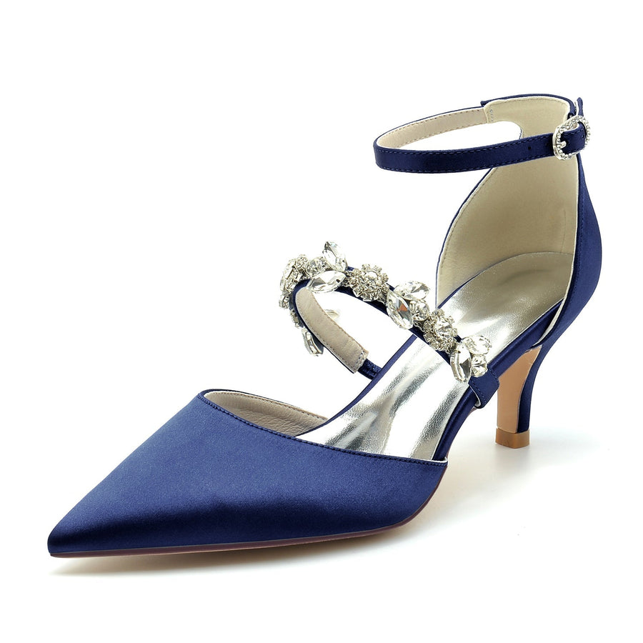 Damen Seidensatin Mit Knöchelriemen Strass Geschlossene Zehen Stiletto Absatz Abendschuhe