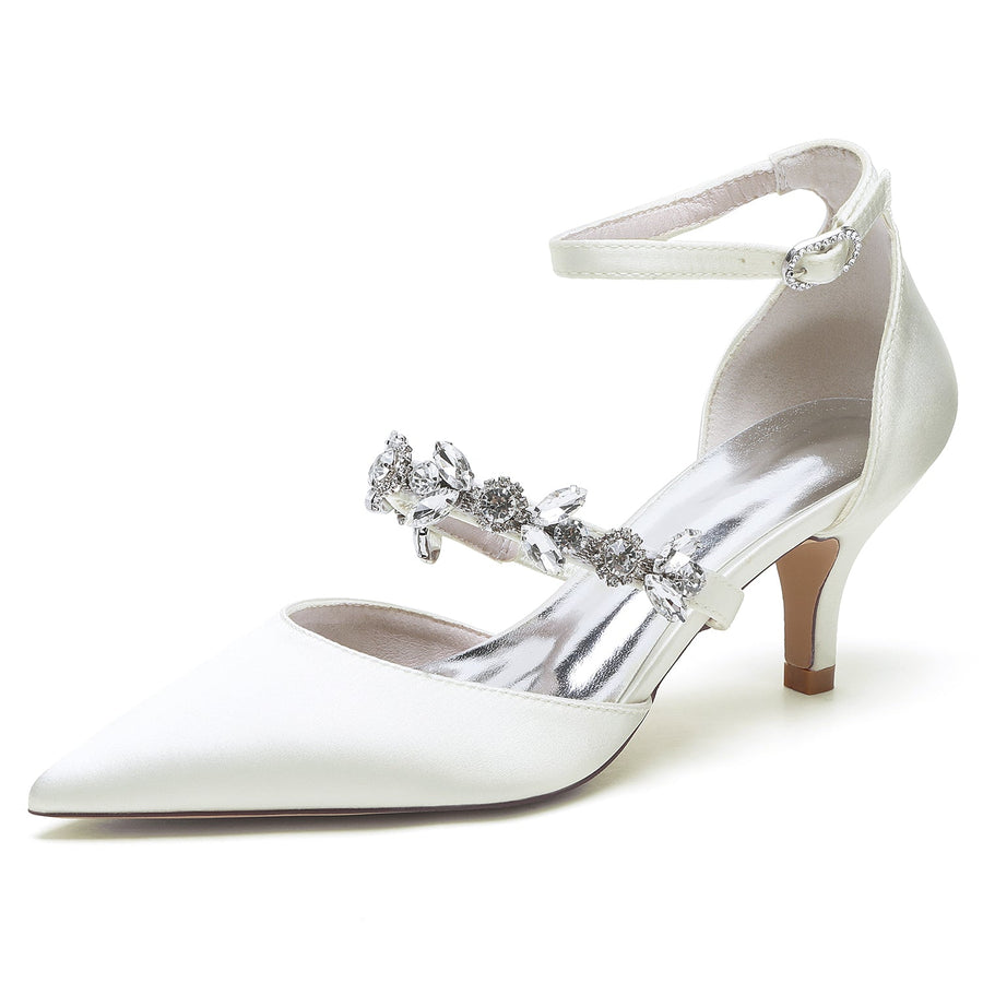 Damen Seidensatin Mit Knöchelriemen Strass Geschlossene Zehen Stiletto Absatz Abendschuhe