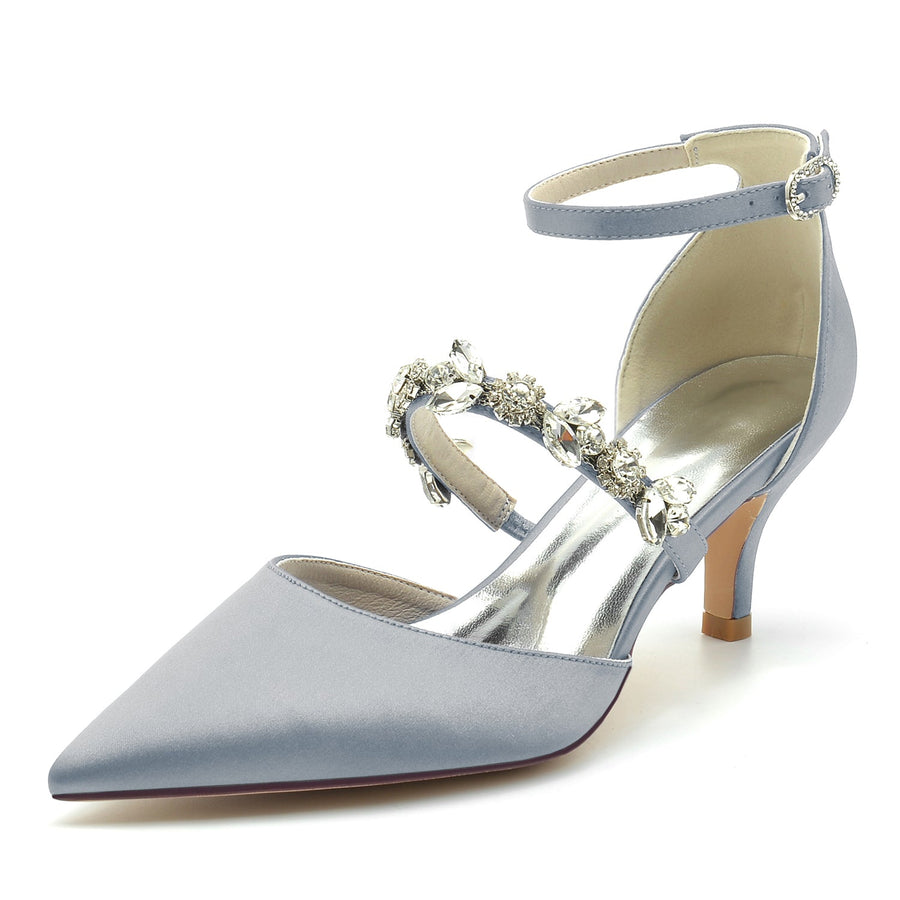 Damen Seidensatin Mit Knöchelriemen Strass Geschlossene Zehen Stiletto Absatz Abendschuhe