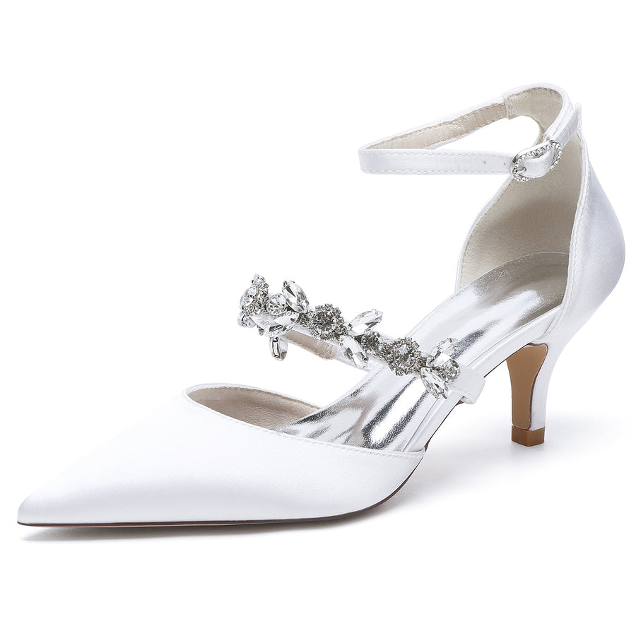 Damen Seidensatin Mit Knöchelriemen Strass Geschlossene Zehen Stiletto Absatz Abendschuhe