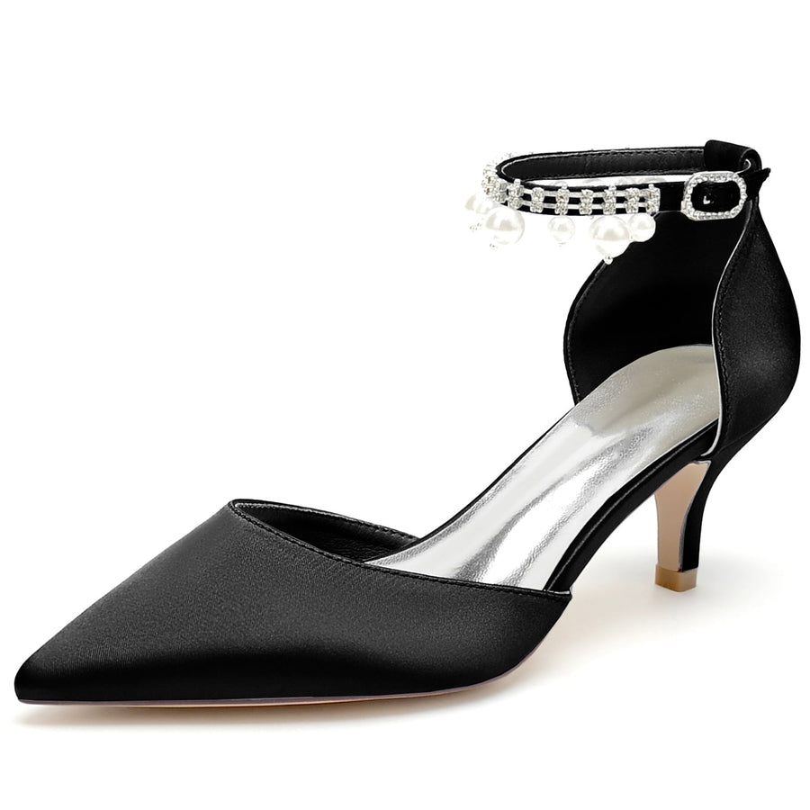 Damen Seidensatin Mit Knöchelriemen Perlenquaste Geschlossene Zehen Stilettoabsatz Partyschuhe