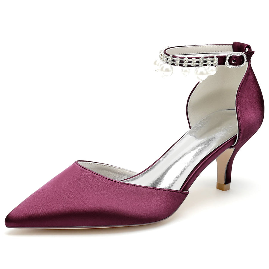 Damen Seidensatin Mit Knöchelriemen Perlenquaste Geschlossene Zehen Stilettoabsatz Partyschuhe