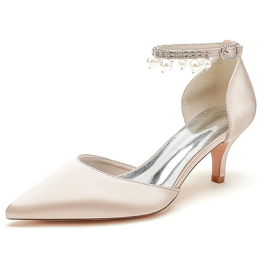 Damen Seidensatin Mit Knöchelriemen Perlenquaste Geschlossene Zehen Stilettoabsatz Partyschuhe
