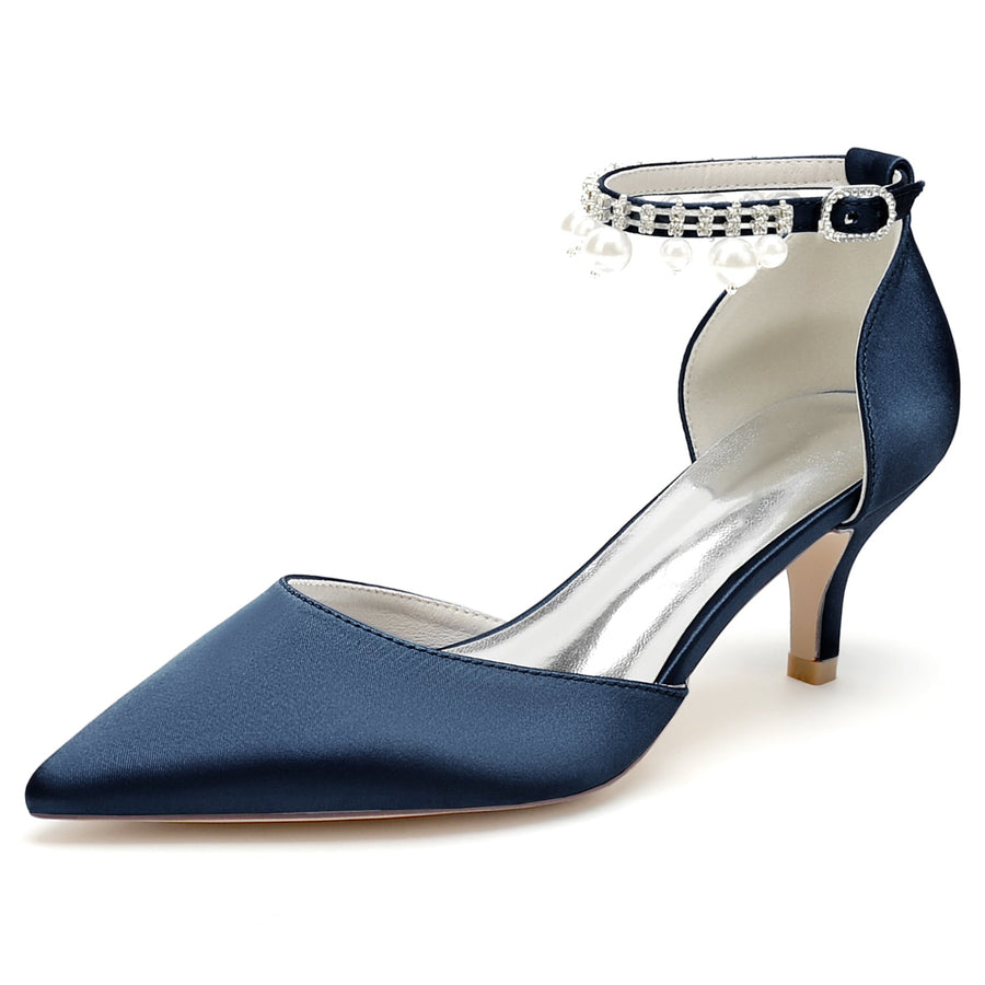 Damen Seidensatin Mit Knöchelriemen Perlenquaste Geschlossene Zehen Stilettoabsatz Partyschuhe