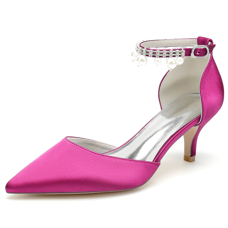 Damen Seidensatin Mit Knöchelriemen Perlenquaste Geschlossene Zehen Stilettoabsatz Partyschuhe