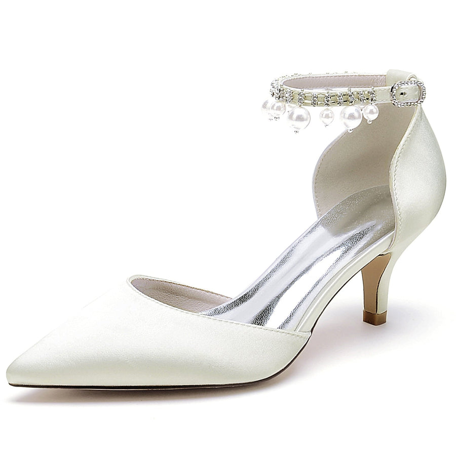 Damen Seidensatin Mit Knöchelriemen Perlenquaste Geschlossene Zehen Stilettoabsatz Partyschuhe