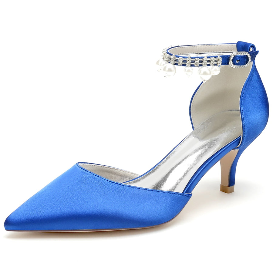 Damen Seidensatin Mit Knöchelriemen Perlenquaste Geschlossene Zehen Stilettoabsatz Partyschuhe