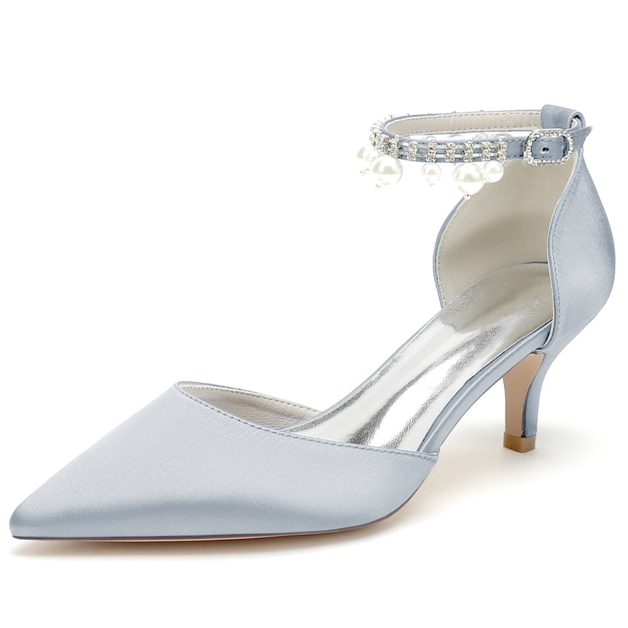 Damen Seidensatin Mit Knöchelriemen Perlenquaste Geschlossene Zehen Stilettoabsatz Partyschuhe