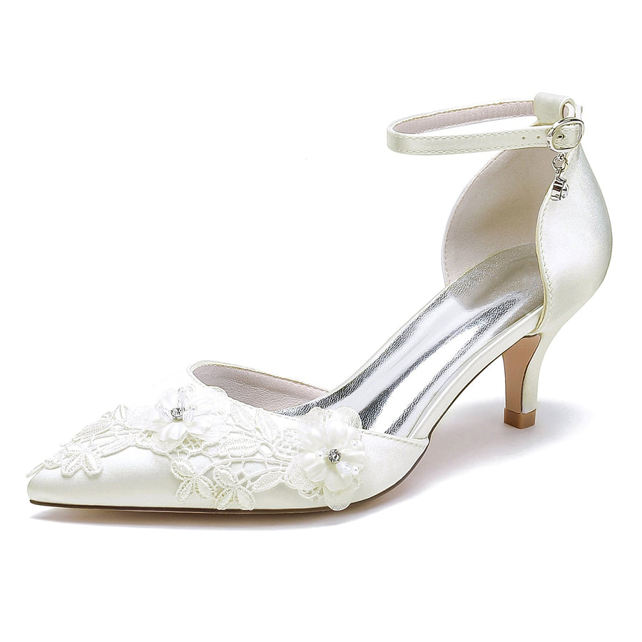 Damen Seidensatin Mit Knöchelriemen Blume Geschlossene Zehen Stiletto Absatz Party Schuhe