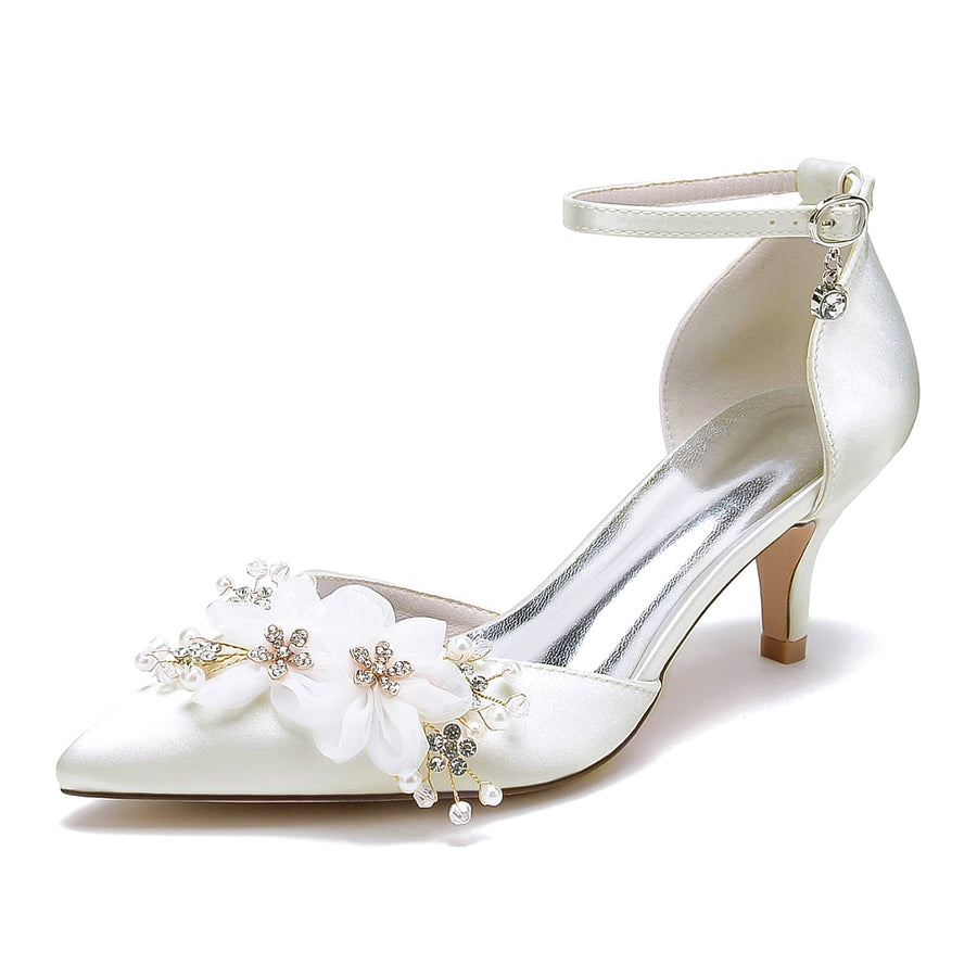 Damen Seidensatin Mit Knöchelriemen Blume Geschlossene Zehen Stilettoabsatz Abendschuhe