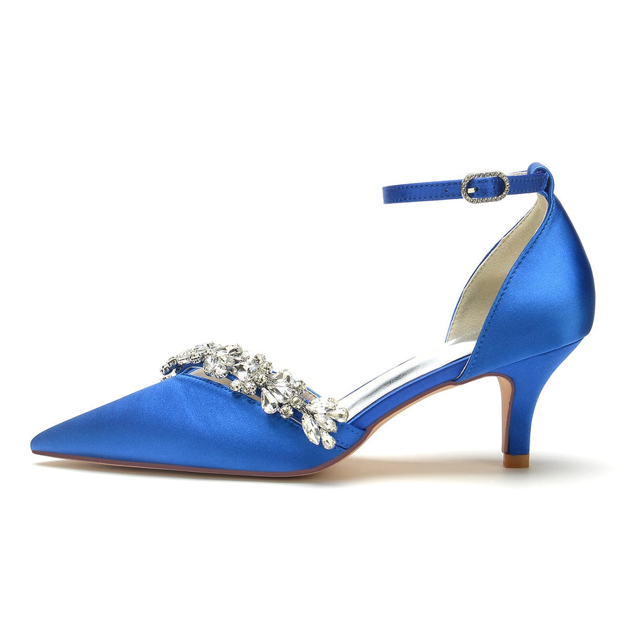 Damen Seidensatin Knöchelriemen mit Strass Stilettoabsatz Geschlossene Zehen Hochzeitsschuhe