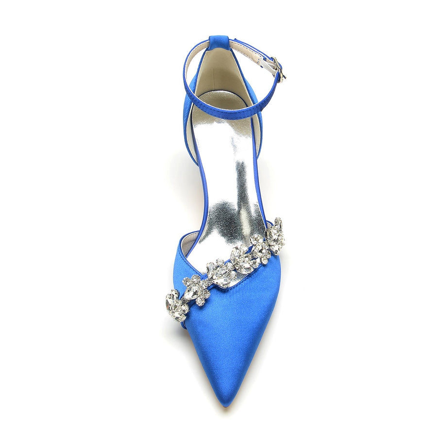 Damen Seidensatin Knöchelriemen mit Strass Stilettoabsatz Geschlossene Zehen Hochzeitsschuhe