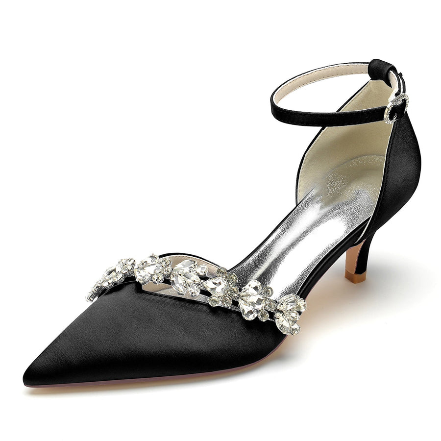 Damen Seidensatin Knöchelriemen mit Strass Stilettoabsatz Geschlossene Zehen Hochzeitsschuhe