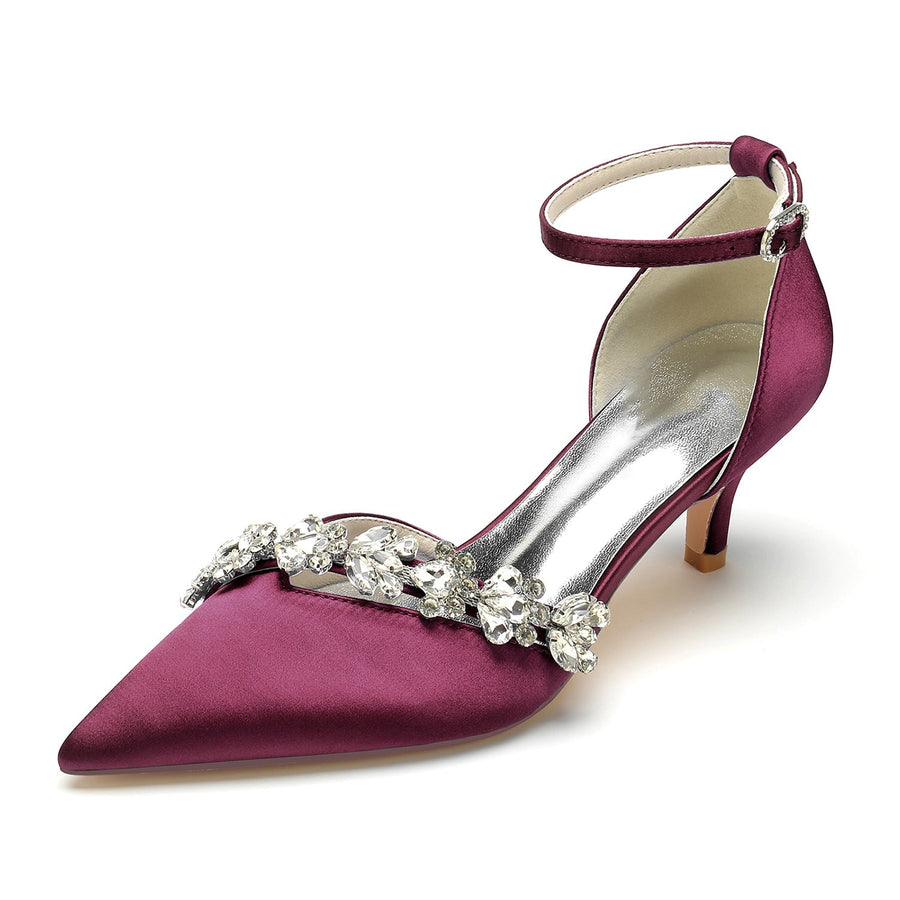 Damen Seidensatin Knöchelriemen mit Strass Stilettoabsatz Geschlossene Zehen Hochzeitsschuhe