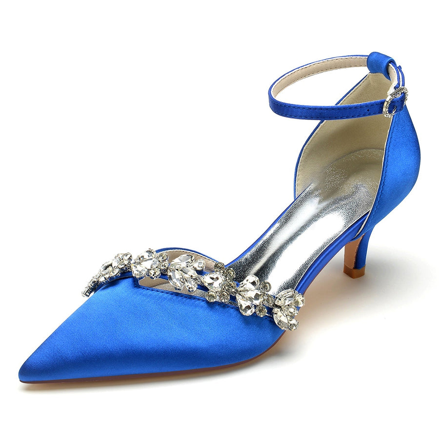 Damen Seidensatin Knöchelriemen mit Strass Stilettoabsatz Geschlossene Zehen Hochzeitsschuhe