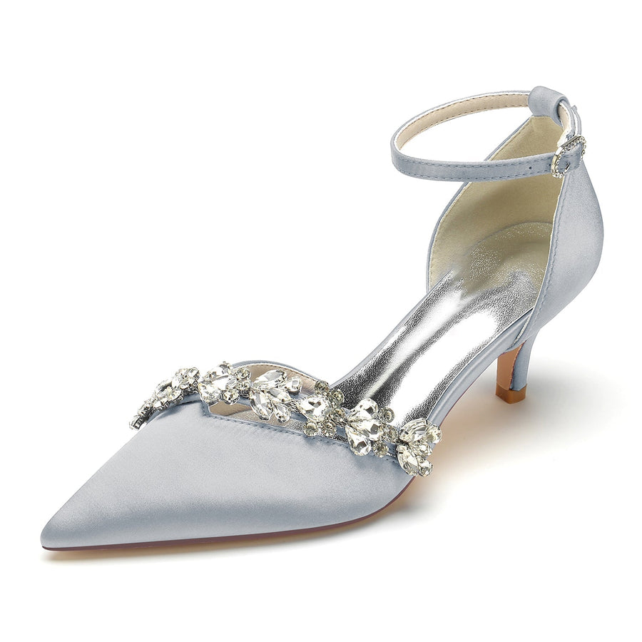 Damen Seidensatin Knöchelriemen mit Strass Stilettoabsatz Geschlossene Zehen Hochzeitsschuhe