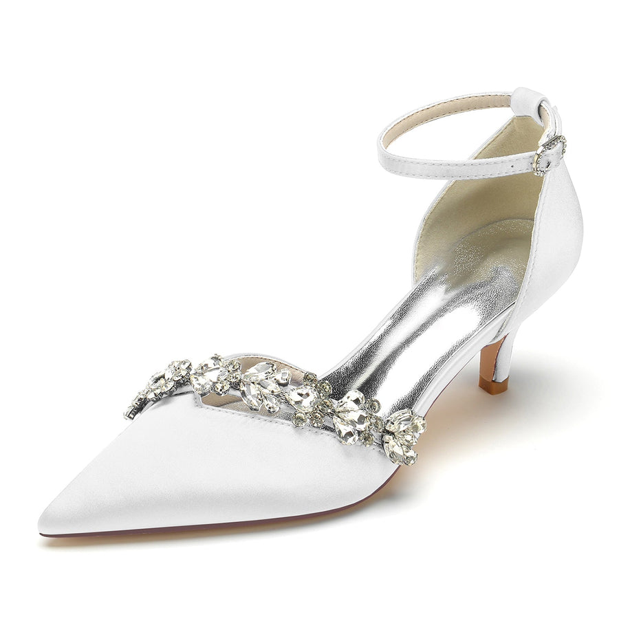 Damen Seidensatin Knöchelriemen mit Strass Stilettoabsatz Geschlossene Zehen Hochzeitsschuhe