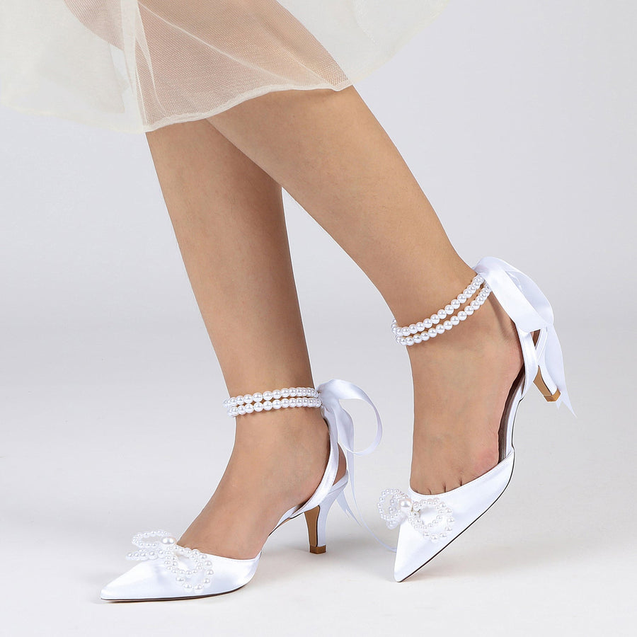 Damen Seidensatin mit Knöchelriemen Schnürung Perlen Geschlossene Zehen Stilettoabsatz Brautschuhe