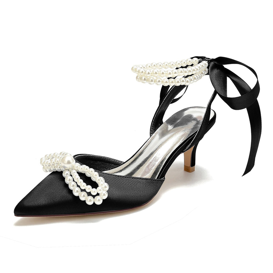 Damen Seidensatin mit Knöchelriemen Schnürung Perlen Geschlossene Zehen Stilettoabsatz Brautschuhe