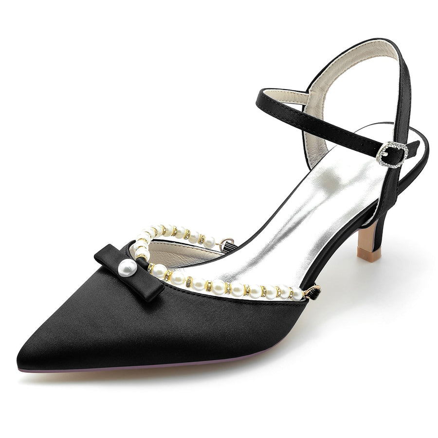 Damen Seidensatin Mit Knöchelriemen Perle Geschlossene Zehen Stiletto Absatz Abendschuhe