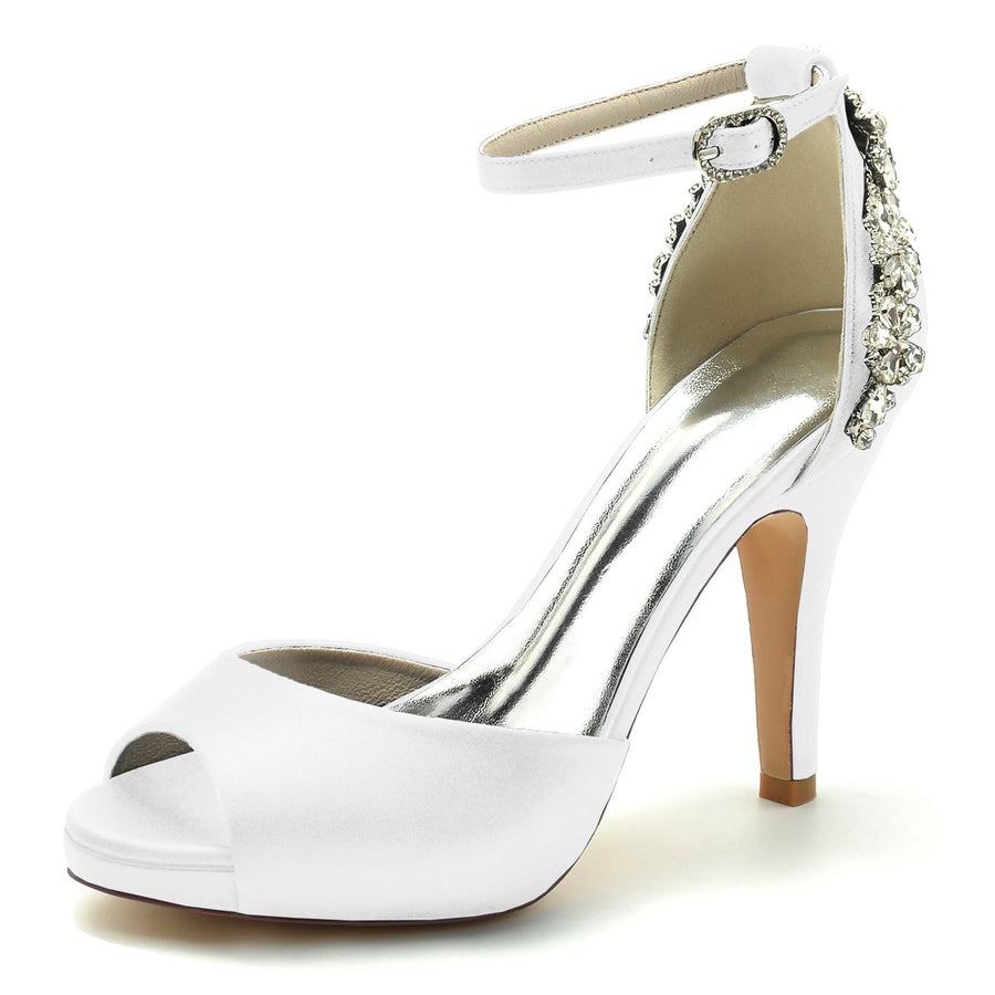 Damen Seidensatin mit Strass Stiletto-Absatz Peep Toe Knöchelriemen Abendschuhe