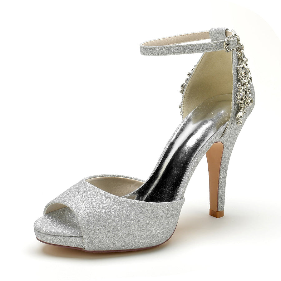 Damen Glitzer Mit Knöchelriemen Strass Peep Toe Stiletto Absatz Abendschuhe