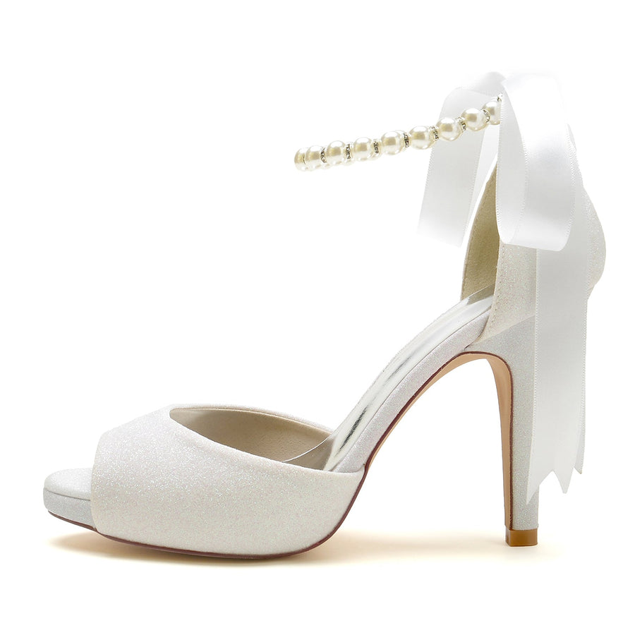 Damen Glitzer Mit Knöchelriemen Schnürung Peep Toe Stiletto Absatz Brautschuhe