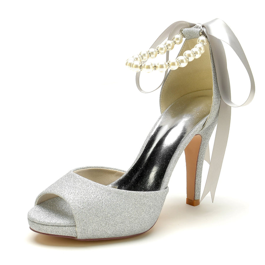 Damen Glitzer Mit Knöchelriemen Schnürung Peep Toe Stiletto Absatz Brautschuhe