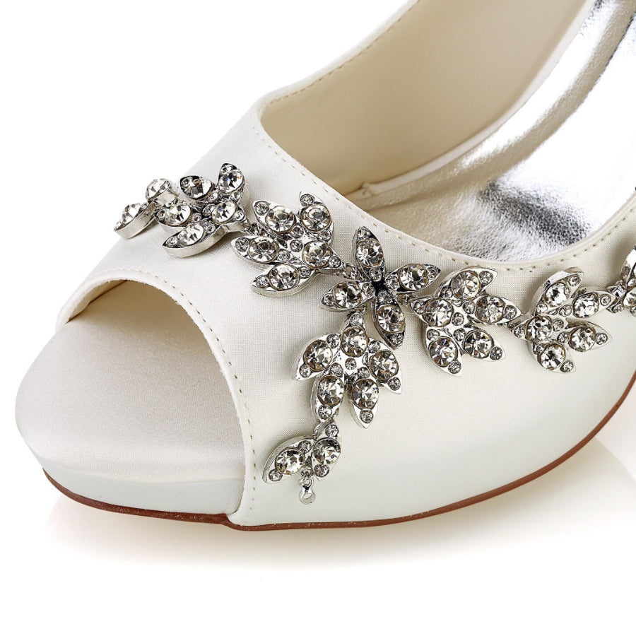 Damen Seidensatin mit Blumen Strass Peep Toe Stiletto Heel Brautschuhe