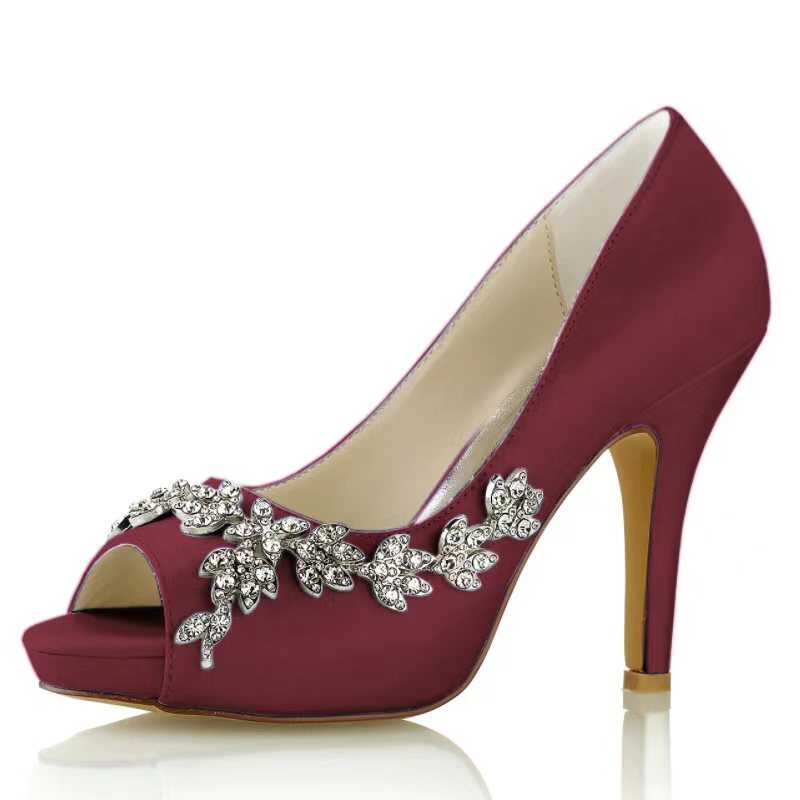 Damen Seidensatin mit Blumen Strass Peep Toe Stiletto Heel Brautschuhe