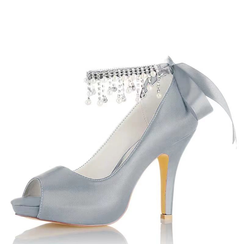 Damen Seidensatin mit Knöchelriemen Schnürung Strass Quaste Peep Toe Stiletto Absatz Brautschuhe