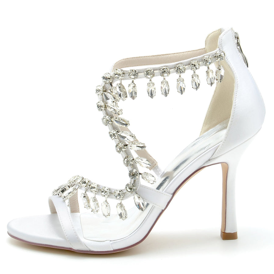 Damen Seidensatin mit Knöchelriemen Strass Quaste Peep Toe Stiletto Absatz Brautschuhe