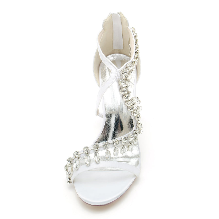 Damen Seidensatin mit Knöchelriemen Strass Quaste Peep Toe Stiletto Absatz Brautschuhe