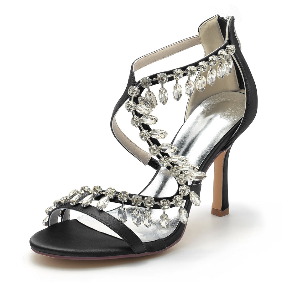 Damen Seidensatin mit Knöchelriemen Strass Quaste Peep Toe Stiletto Absatz Brautschuhe
