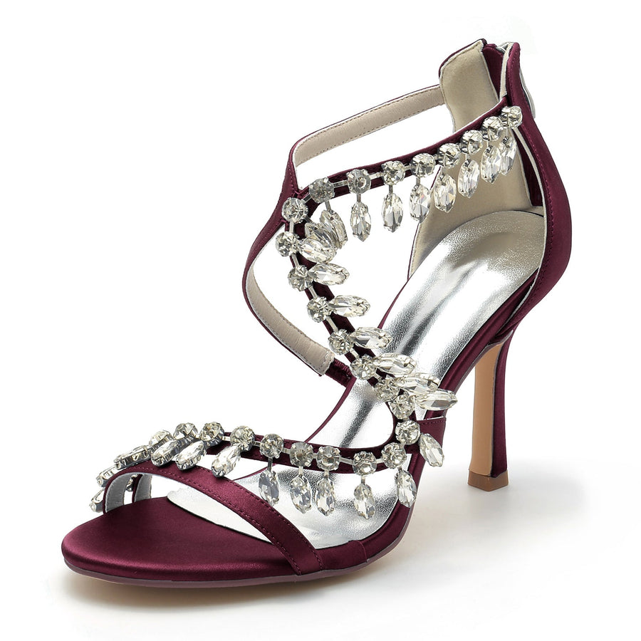 Damen Seidensatin mit Knöchelriemen Strass Quaste Peep Toe Stiletto Absatz Brautschuhe