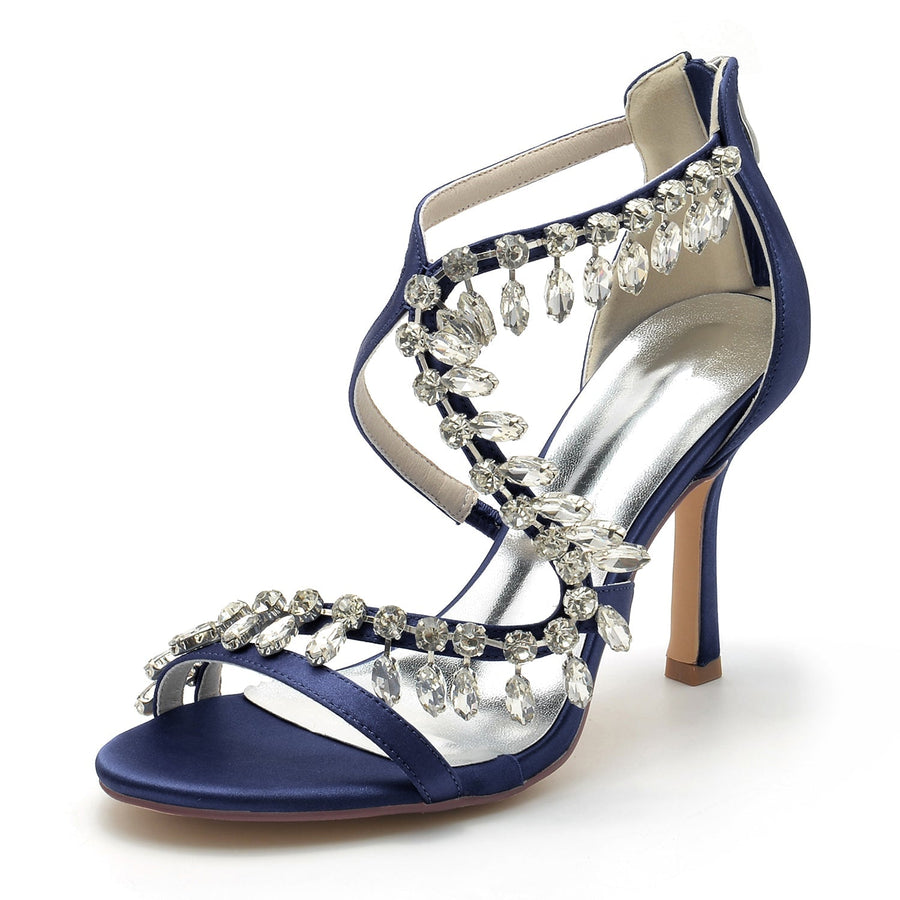 Damen Seidensatin mit Knöchelriemen Strass Quaste Peep Toe Stiletto Absatz Brautschuhe