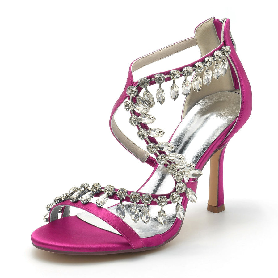 Damen Seidensatin mit Knöchelriemen Strass Quaste Peep Toe Stiletto Absatz Brautschuhe